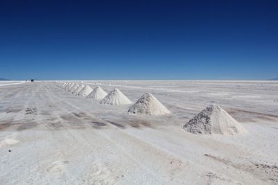 Scenic view of desert against clear blue sky