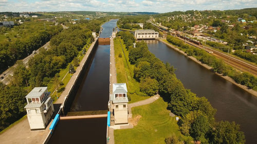 Sluice gates on the river. aerial view river sluice construction, water river gateway. 