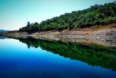 Reflection of trees in lake against clear sky