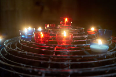Close-up of lit candles in temple