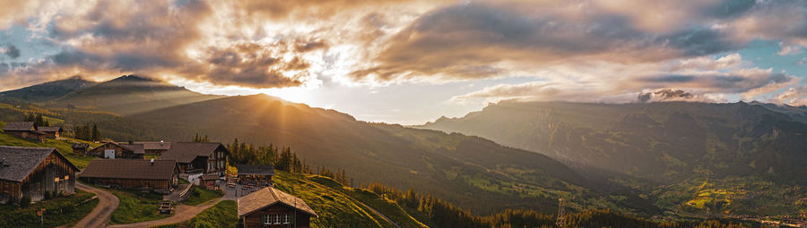 Panoramic view of mountains against sky during sunset