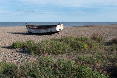 Boat moored on beach against sky