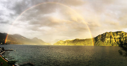 Scenic view of rainbow over mountains against sky