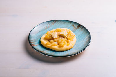 High angle view of food in plate on table