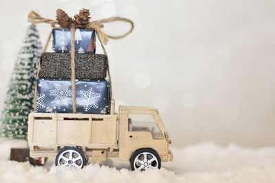 Vintage car in snow during christmas