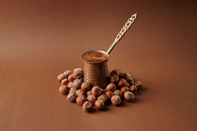 High angle view of coins on table