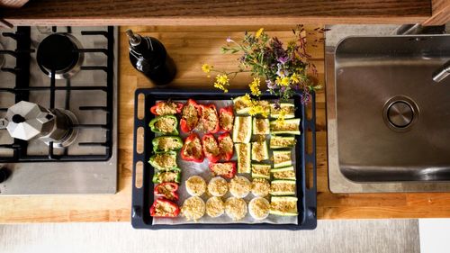 Directly above shot of chopped vegetables on cutting board