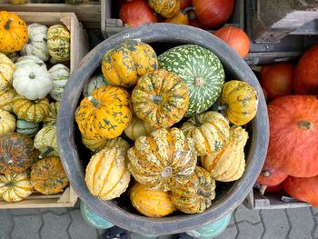 High angle view of pumpkins for sale at market stall