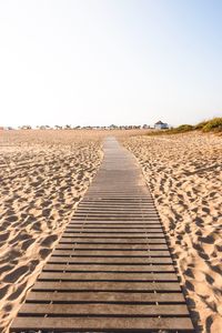 Surface level of footpath against clear sky