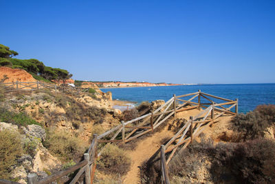 Panoramic view of beach against clear blue sky