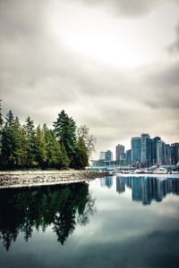 Reflection of trees in lake against sky in city