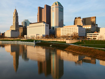 Reflection of buildings in river against sky