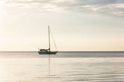 Sailboat sailing on sea against sky during sunset