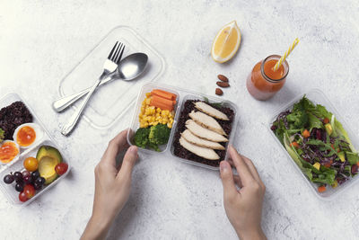 High angle view of man preparing food