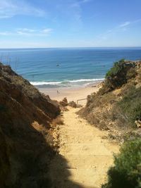 View of calm beach against blue sky