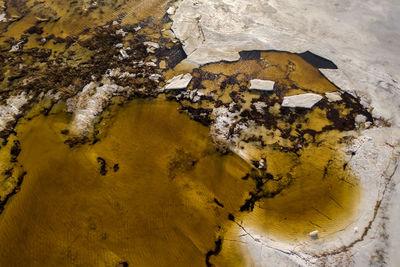 High angle view of yellow water on wall