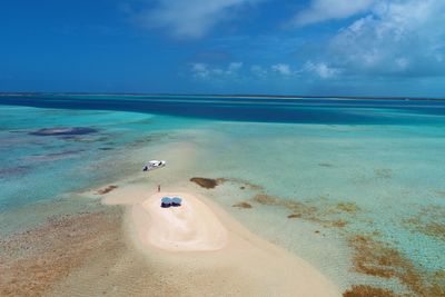 Drone view of beach with clear water in los roques, caribbean sea, venezuela