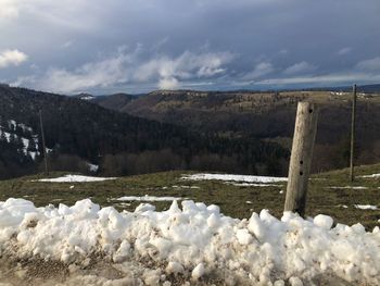 Snow covered landscape against sky