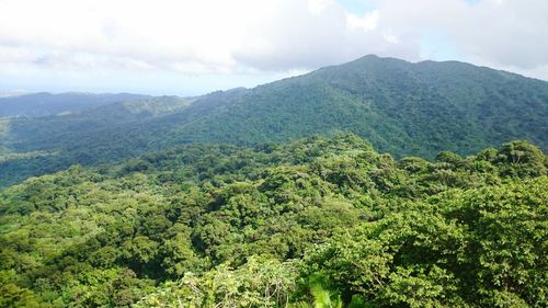 Scenic view of green mountains against sky