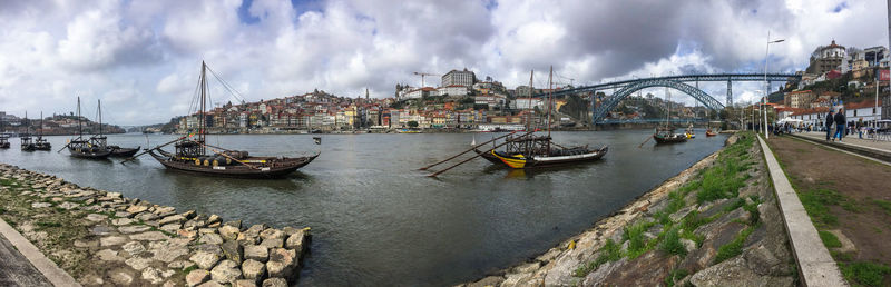 Panoramic view of harbor against sky