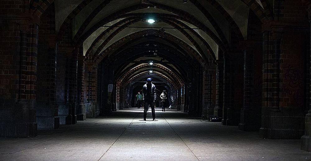 arch, the way forward, architecture, diminishing perspective, built structure, one person, real people, corridor, full length, history, indoors, men, day, people