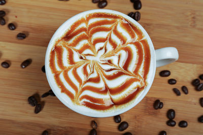 High angle view of cappuccino on table