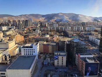 High angle view of buildings in city