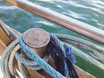 High angle view of rope tied on boat