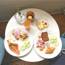 High angle view of food served in plate on table