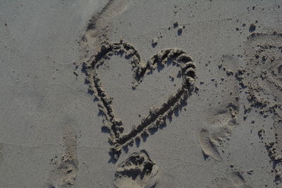 High angle view of footprints on sand at beach