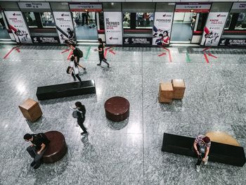 High angle view of people on table