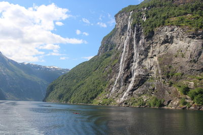 Scenic view of lake by mountains against sky