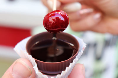 Close-up of red cherry dip in chocolate