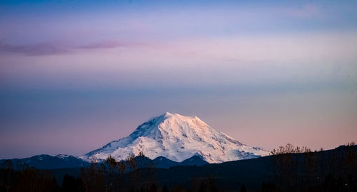 Scenic view of snowcapped mountains against sky during sunset