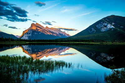 Scenic view of lake by mountains against sky