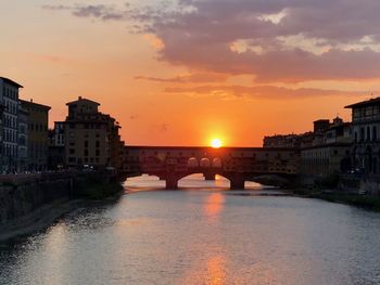 Bridge over river by buildings against sky during sunset