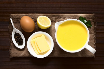 High angle view of breakfast on table