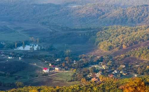 High angle view of landscape and mountains