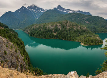 Scenic view of lake and mountains against sky