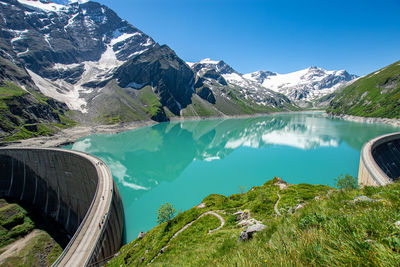 Scenic view of snowcapped mountains by lake