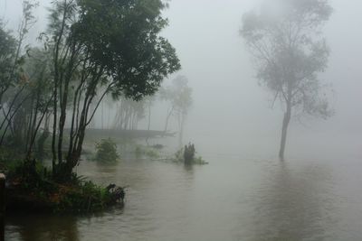 Scenic view of river against sky during foggy weather