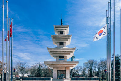 Low angle view of building against blue sky