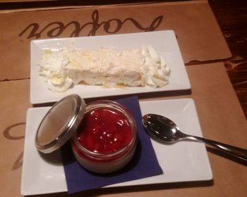 High angle view of dessert in plate on table