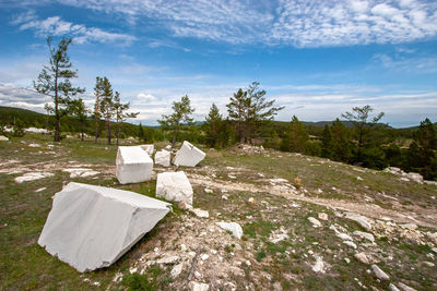 Large white marble blocks on a hillside near an old quarry. a lot of stones on the earth.