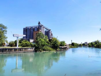 Scenic view of river against clear blue sky