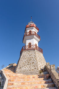 Low angle view of traditional building against clear blue sky