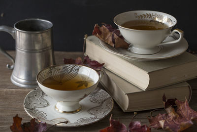 Close-up of coffee cup on table