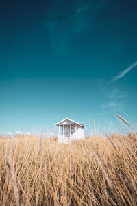 Wooden hut at skanör beach in a field against clear blue sky