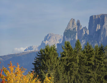 Panoramic view of trees and mountains against sky