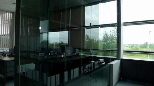 View of office building through glass window